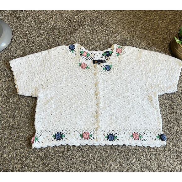 Liz Sport Tops - VTG Liz Sport Crochet Crop Top Cottagecore Sweater Granny Festival Boho S Petite